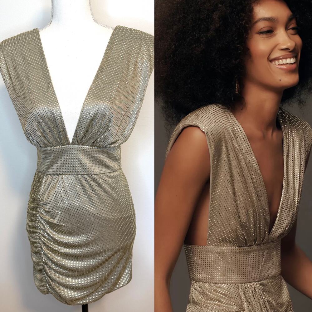 Anthropologie Nikita Mhaisalkar Draped Sequin Rhinestone Mini Dress Gold Size XS